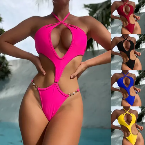 Halter One Piece Swimsuit Solid Color Monokini Women Swimwear PQ1660