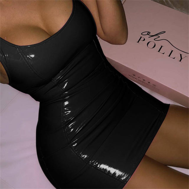 Wetlook Mini Dress For Woman Sexy Faux Leather Dresses Fetish Wear PQ13243