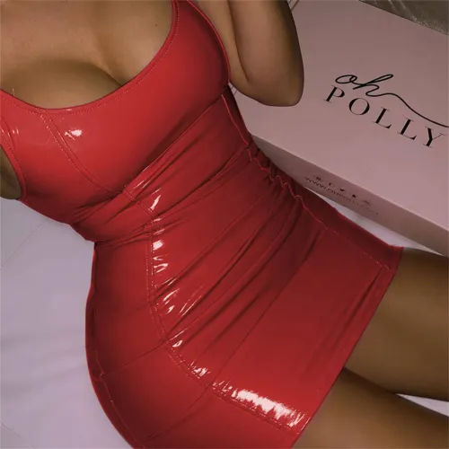 Wetlook Mini Dress For Woman Sexy Faux Leather Dresses Fetish Wear PQ13243