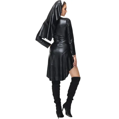 Faux Leather Virgin Mary Nun Fancy Dress Sexy Sister Costume PQ3401