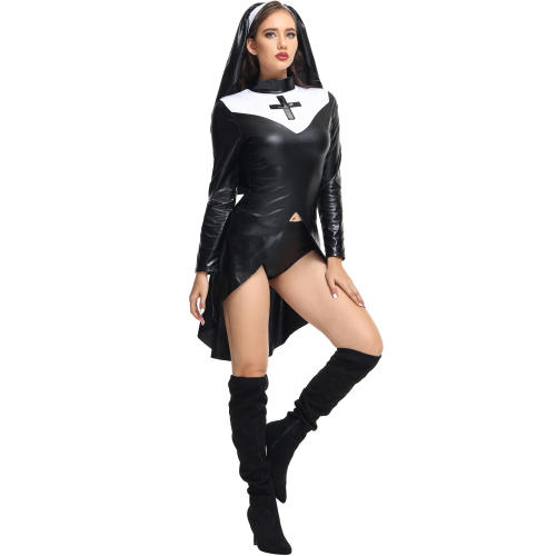 Faux Leather Virgin Mary Nun Fancy Dress Sexy Sister Costume PQ3401
