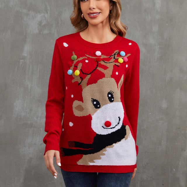 Christmas Elk Knitwear Women Long Sleeve Moose Sweaters Xmas Tops PQZH04C