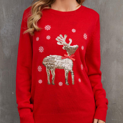 Christmas Sequin Moose Sweaters Women Wholesale Santa T-shirt Xmas Tops PQZH04A