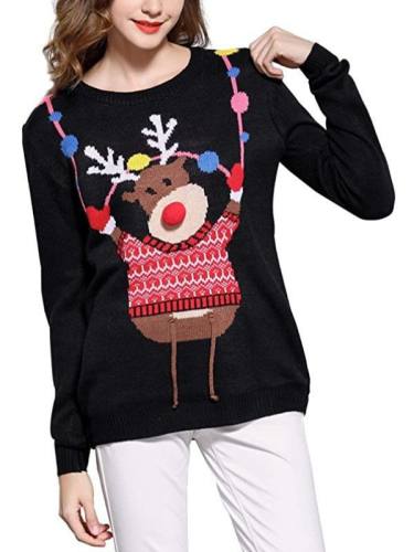 Women Moose Sweaters Christmas Elk Knitwear Xmas Winter Tops PQZH04L