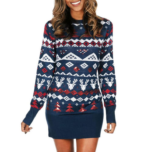 Christmas Elk Mini Dress Women Moose Sweaters Xmas Long Sleeve Tops PQZH04G