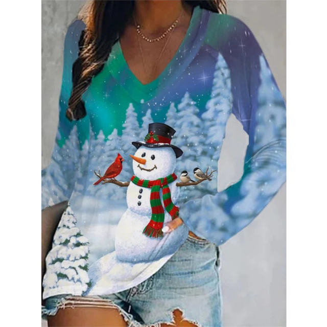 Christmas Tree Knitwear Women Santa Claus T-shirt Xmas Snowman Tops PQ1704