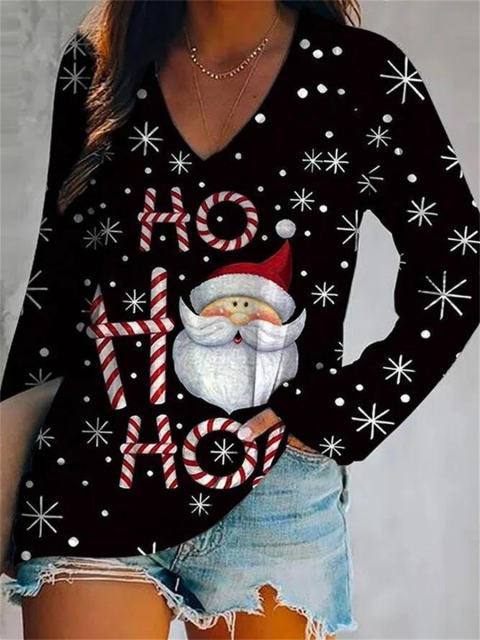 Christmas Tree Knitwear Women Santa Claus T-shirt Xmas Snowman Tops PQ1704