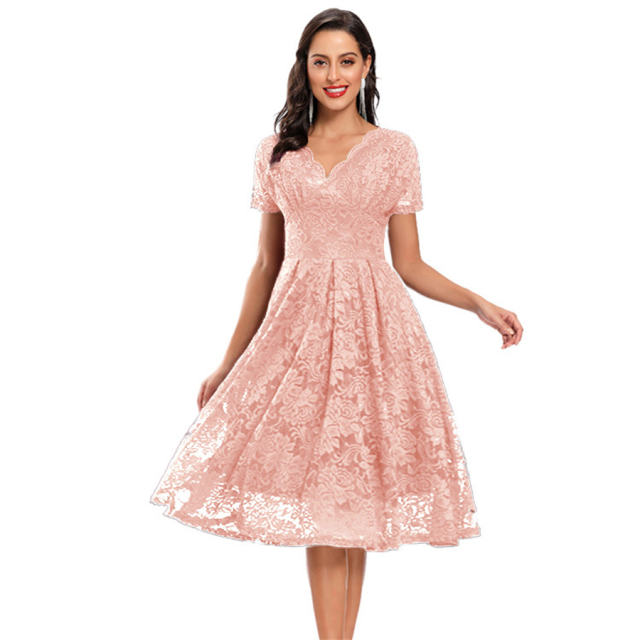 Sexy Lace Dress For Women Half Sleeve Elegant Midi Dresses PQ1784