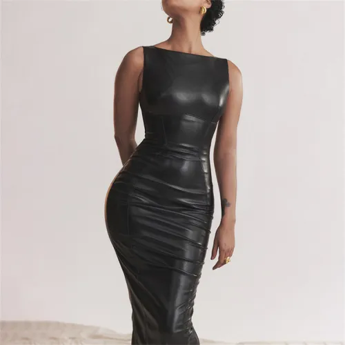 Sexy PU Dress For Woman Faux Leather Long Dresses Club Wear PQ718