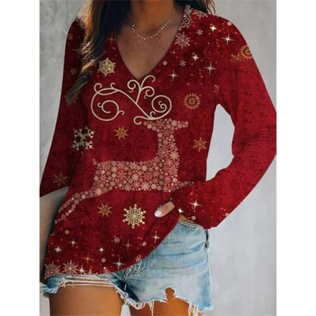 Christmas Tree Knitwear Women Santa Claus T-shirt Xmas Snowman Tops PQ1704