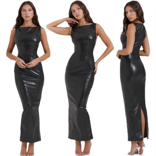 Sexy PU Dress For Woman Faux Leather Long Dresses Club Wear PQ718