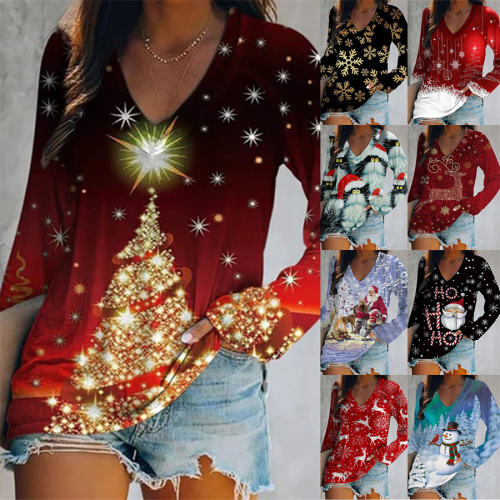 Christmas Tree Knitwear Women Santa Claus T-shirt Xmas Snowman Tops PQ1704