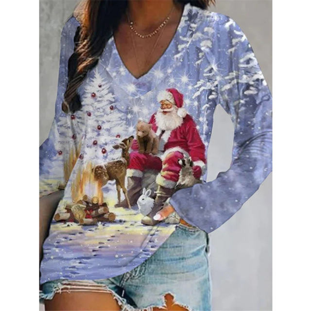 Christmas Tree Knitwear Women Santa Claus T-shirt Xmas Snowman Tops PQ1704