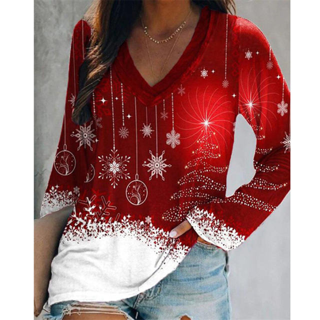 Christmas Tree Knitwear Women Santa Claus T-shirt Xmas Snowman Tops PQ1704