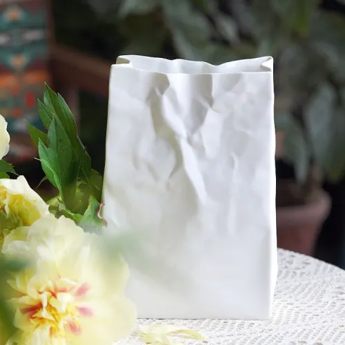 Pleated Paper Bag Ceramic Vase Home Ornaments Handmade Table Decoration PQ38007