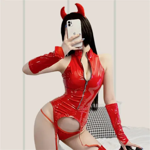 Faux Leather Lingerie Set Wholesale Wetlook PU Bodysuit Fetish Wear PQ6849