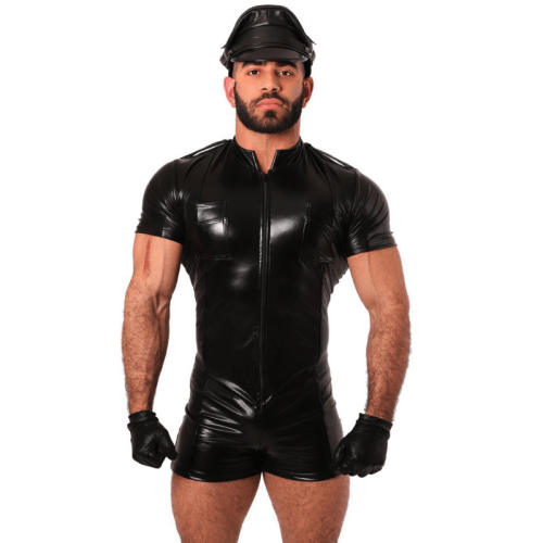 Man Faux Leather Bodysuit DS PU Clubwear Sissy Jumpsuit PQ-N804