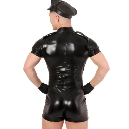 Man Faux Leather Bodysuit DS PU Clubwear Sissy Jumpsuit PQ-N804