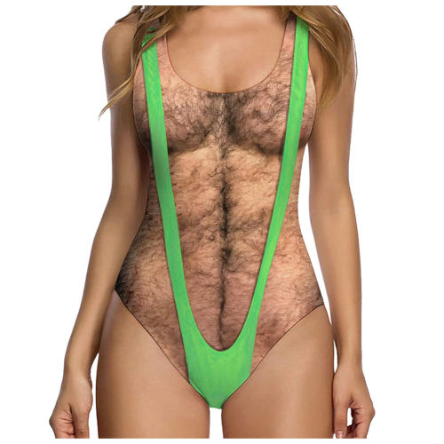 Funny Borat Printed One Piece Swimsuit Women Sexy Chest Hair Bathing Suit PQ19013