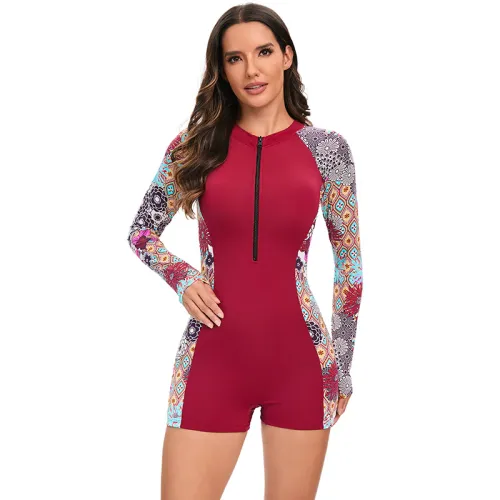 Red Vintage Surf Suit Sport Conservative Wetsuit Floral Swimwear PQ-FR-12