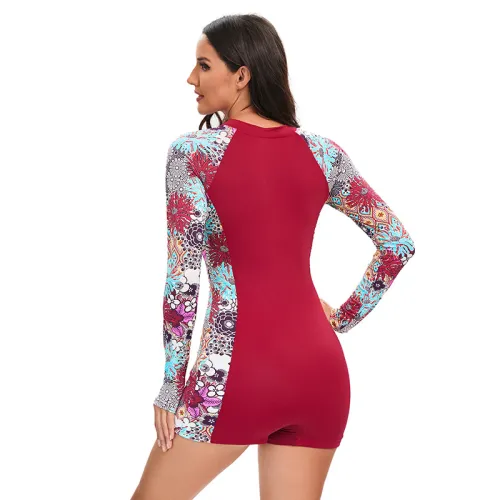 Red Vintage Surf Suit Sport Conservative Wetsuit Floral Swimwear PQ-FR-12