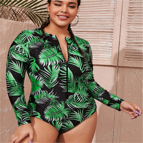 Leaf Print One Piece Diving Suits For Women Long Sleeve Surf Suit PQ-S2011