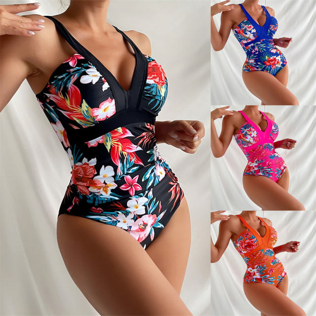 Wholesale Vintage One Piece Swimwear Retro Beachwear Floral Print Swimsuit PQ23239