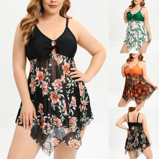 Plus Size Swim Dress Floral Print Tankini Women Mesh Swimsuit PQ222048