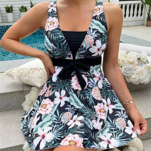 Woman Vintage Beachwear Wholesale Floral Print Swimming Dresses PQ2403