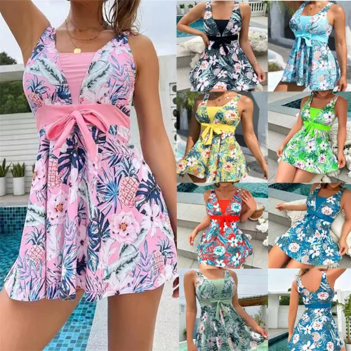 Woman Vintage Beachwear Wholesale Floral Print Swimming Dresses PQ2403