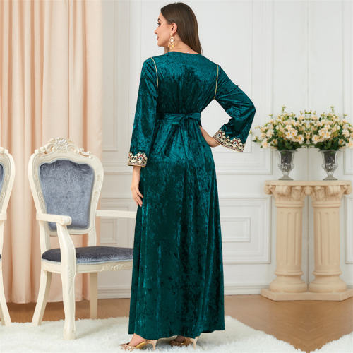 Muslim Evening Dress For Women Embroidered Gold Velvet Dresses PQ3258