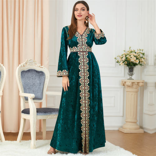 Muslim Evening Dress For Women Embroidered Gold Velvet Dresses PQ3258