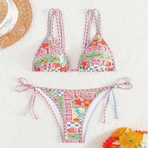 Wholesale Women Digital Print Triangle Bikinis Female Swimwear PQ2339