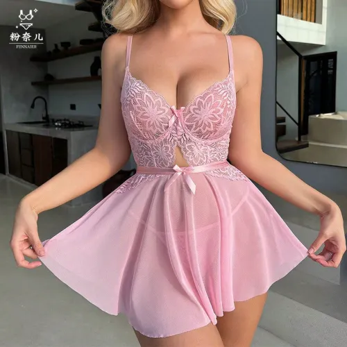 Women Mesh Babydoll Lingerie Wholesale Lace Sleepwear Sexy Night Dress PQ5205