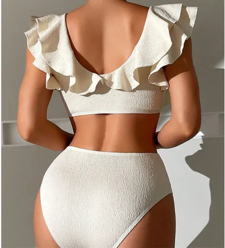 Wholesale Beige Ruffle Bikini Women Bathers Mid Waist Swimwear PQ1430