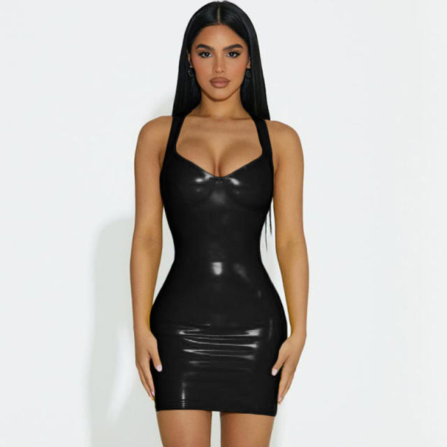 Wholesale PU Mini Dress Woman Faux Leather Dresses Fetish Wear PQ14417