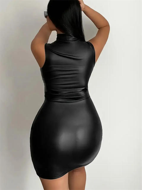 High Neck Mini Dresses For Women Faux Leather Bodycon Dress Wholesale PQ1155