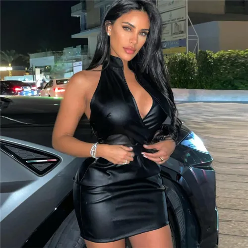 Halter Mini Dresses For Women Faux Leather V-neck Bodycon Dress PQ8401