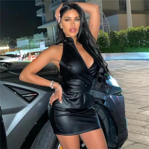 Halter Mini Dresses For Women Faux Leather V-neck Bodycon Dress PQ8401