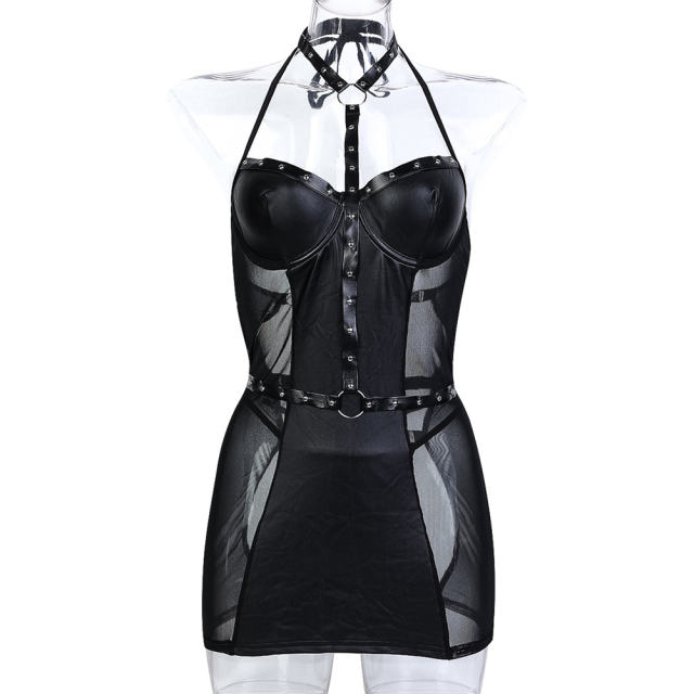 Mesh Mini Dresses For Women Faux Leather Halter Bodycon Dress PQ3619