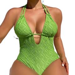 Wholesale Solid Color Swimwear V-neck Beach Wear Halter One Piece Swimsuit PQ235285