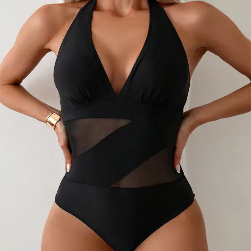 Black Bandage Swimwear Womens Halter Monokini One Piece Swimsuit PQ2503