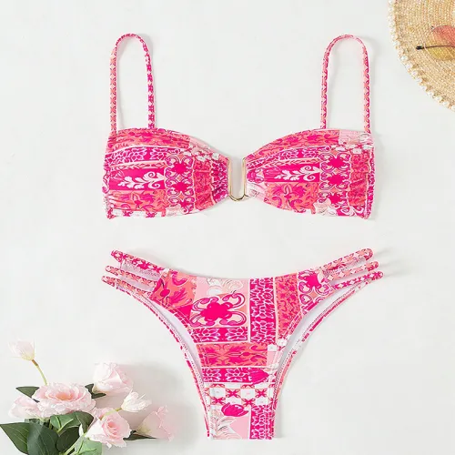 Wholesale Digital Print Bikinis For Women Low Waist Bandeau Swimwear PQ2419