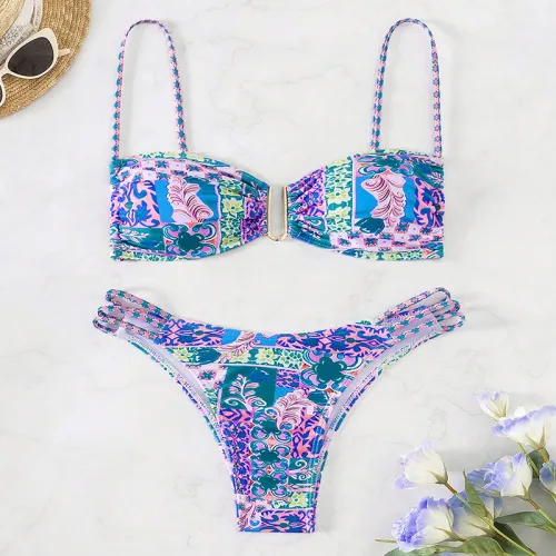 Wholesale Digital Print Bikinis For Women Low Waist Bandeau Swimwear PQ2419