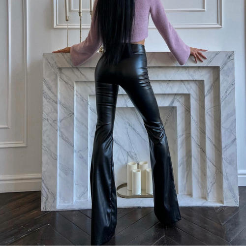 Women Faux Leather Flared Pants DS PU Trousers Steampunk Leggings PQ14741