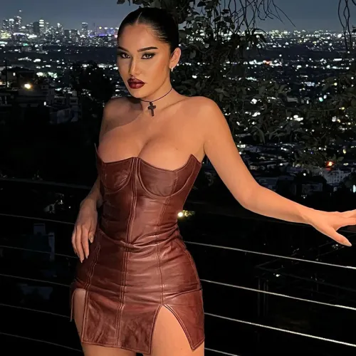 PU Off Shoulder Clubwear Women Faux Leather Mini Dress PQ13532