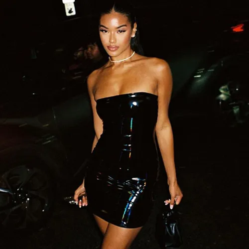 Off Shoulder Sexy PU Club Dress Women Faux Leather Mini Dresses PQ14114