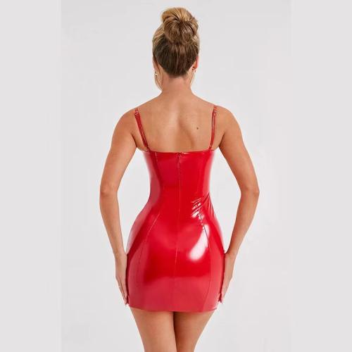 Wetlook PU Club Wear Woman Spaghetti Strap Faux Leather Mini Dress PQ14713