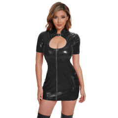 Sexy Short Sleeve Mini Dress For Woman Faux Leather Dresses Club Wear PQ058