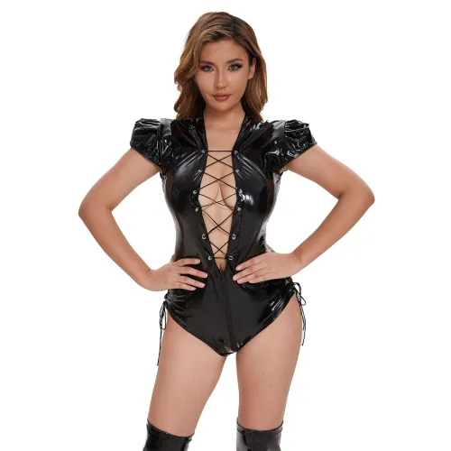 Faux Leather Lace-up Teddy Lingerie Woman Wetlook PU Sexy Bodysuit PQ013